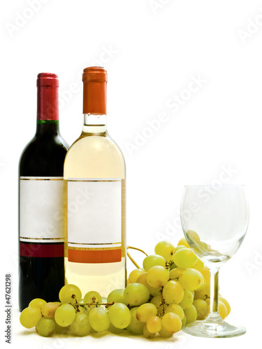 red and white wine with vine and wineglass