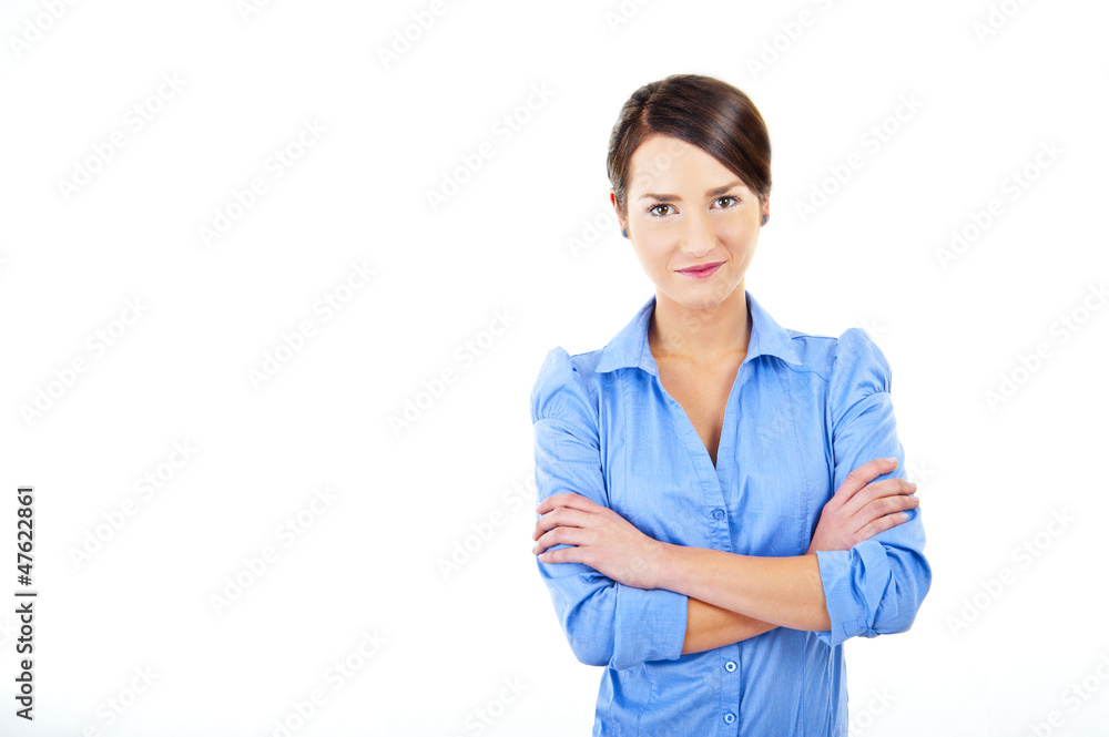 Business woman on white background with blee shirt Business woman on white background with blee shirt