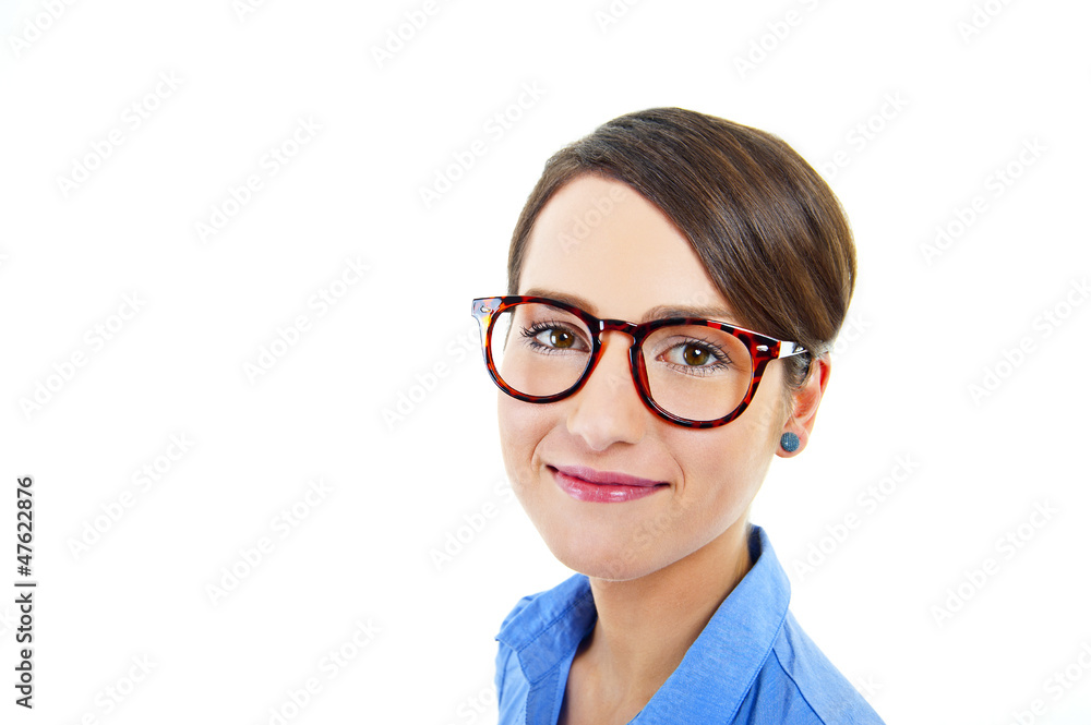 Business woman on white background with blue shirt