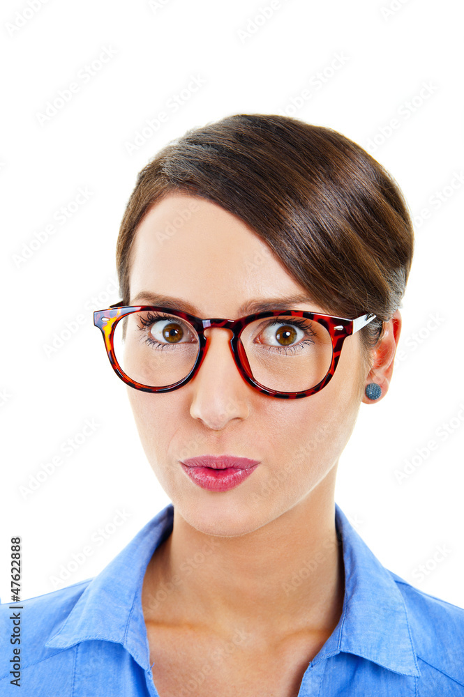 Business woman on white background is in shock