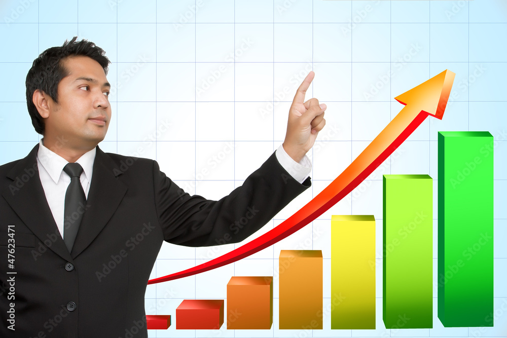 Businessman hand pointing arrows and graphs Businessman hand pointing arrows and graphs