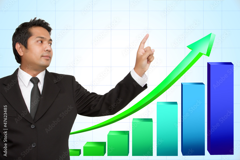 Businessman hand pointing arrows and graphs Businessman hand pointing arrows and graphs