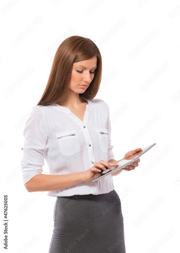 Pretty woman touching screen on Pad Tablet PC Pretty woman touching screen on Pad Tablet PC
