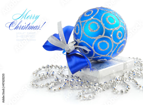 Christmas blue and silver decorations on white background