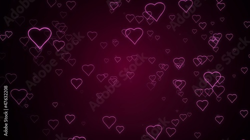 Hearts are falling against a dark pink background.