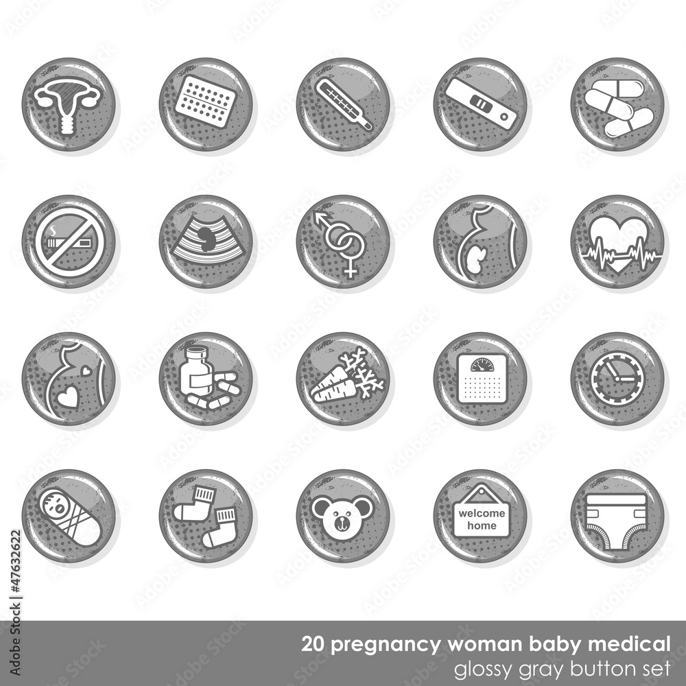 zestaw 20 szarych okrągłych ikon zdrowie ciąża kobieta dziecko - obrazy, fototapety, plakaty 
