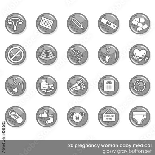 zestaw 20 szarych okrągłych ikon zdrowie ciąża kobieta dziecko
