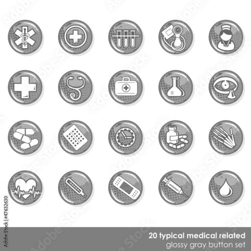 zestaw 20 szarych okrągłych ikon medycznych zdrowie badania
