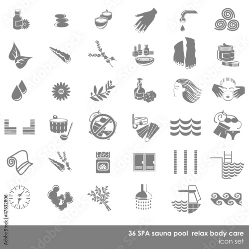 zestaw 36 ikon spa basen rekreacja pielęgnacja szary monochrom