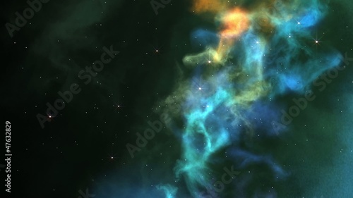 Slowly travelling through colorful nebula clouds.