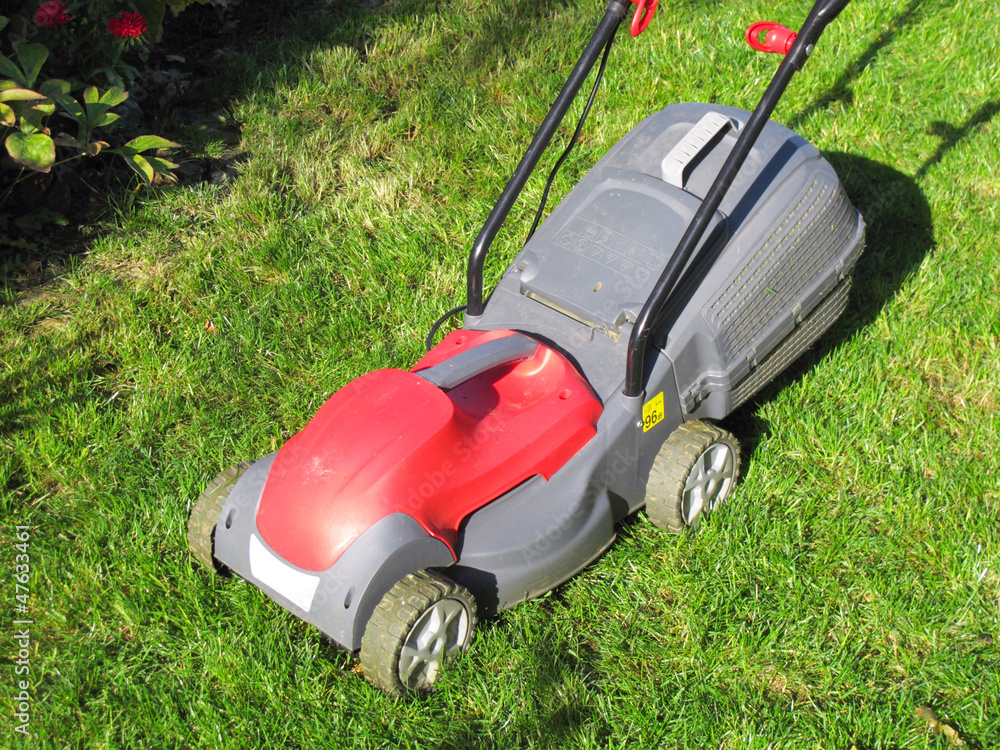 Modern electric lawn mower on the unmown lawn Modern electric lawn mower on the unmown lawn