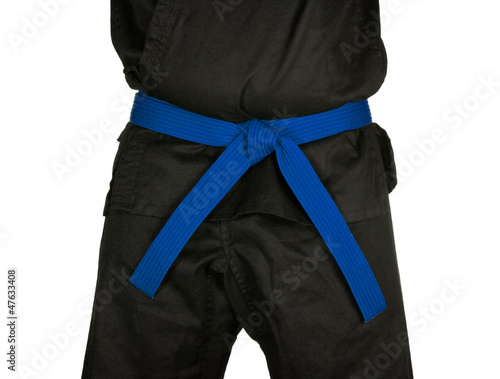 Karate Blue Belt Tied Around Torso Black Uniform