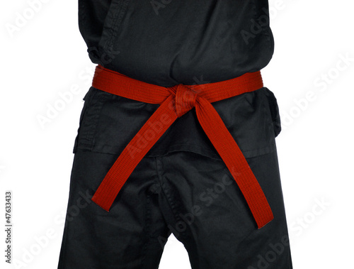 Karate Red Belt Tied Around Torso Black Uniform