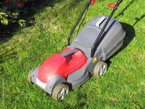 Modern electric lawn mower on the unmown lawn