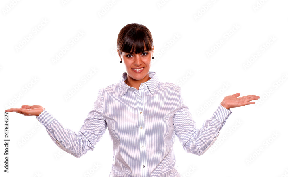 Charming young woman holding out her palms Charming young woman holding out her palms