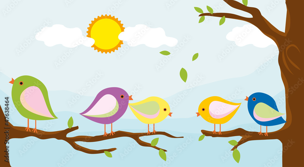 birds on blank tree with summer season background