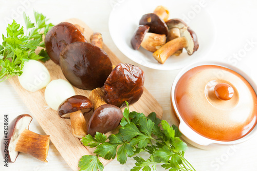 Photography raw mushrooms and other vegetables next to a ceramic pot