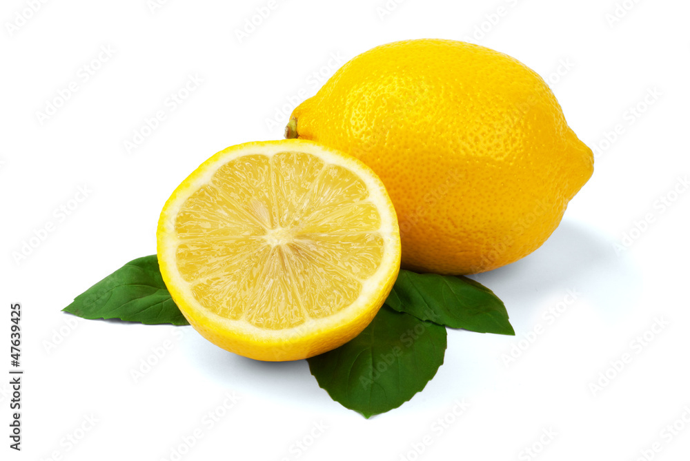 Lemons with leaves on a white background