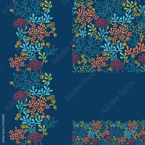 Vector set of dark plants seamless pattern and borders