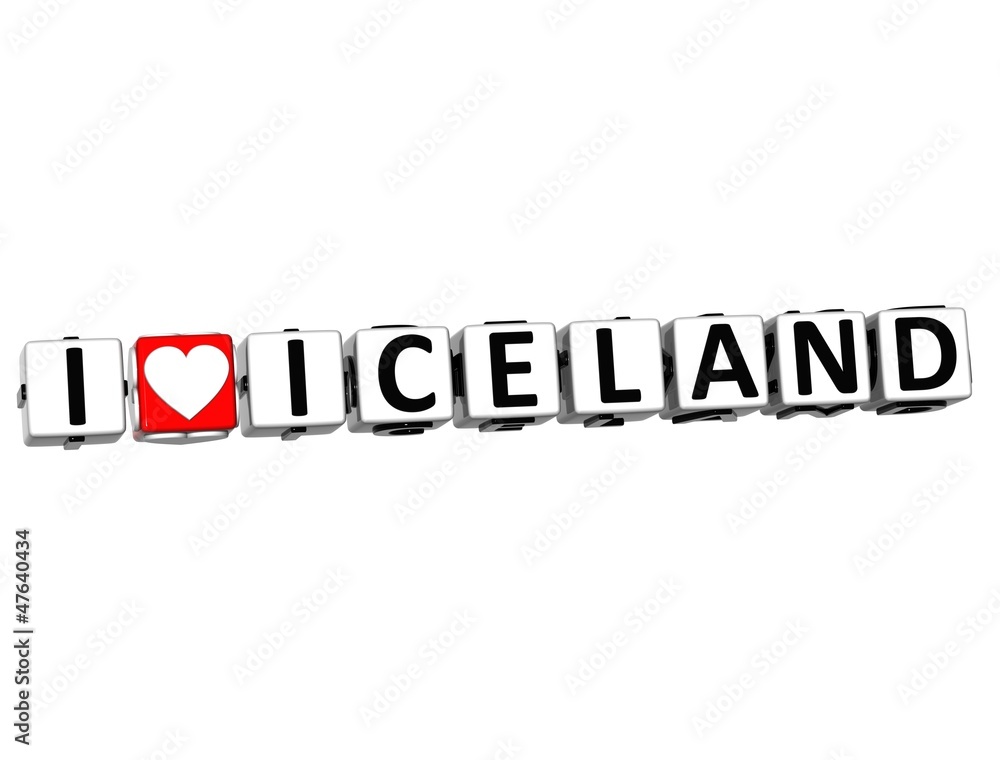 3D I Love Iceland Button Click Here Block Text
