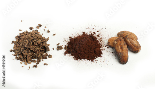 Cocoa beans, cocoa powder and grated chocolate