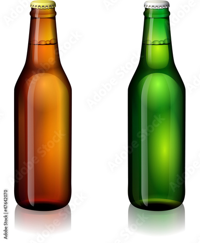 Green and brown bottles of beer on a white background