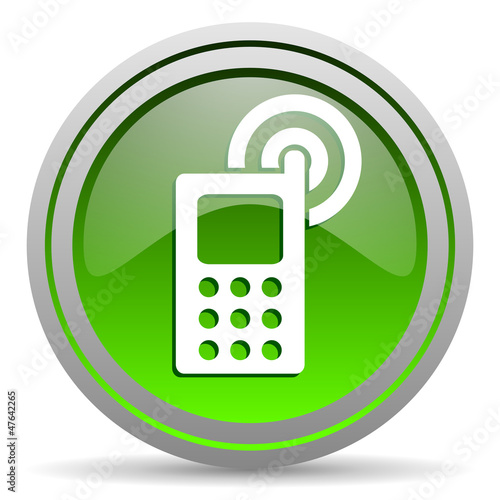 cellphone green glossy icon on white background