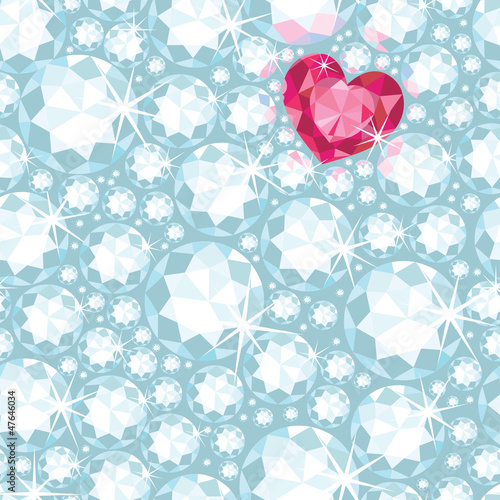 Vector ruby heart among diamonds seamless pattern background