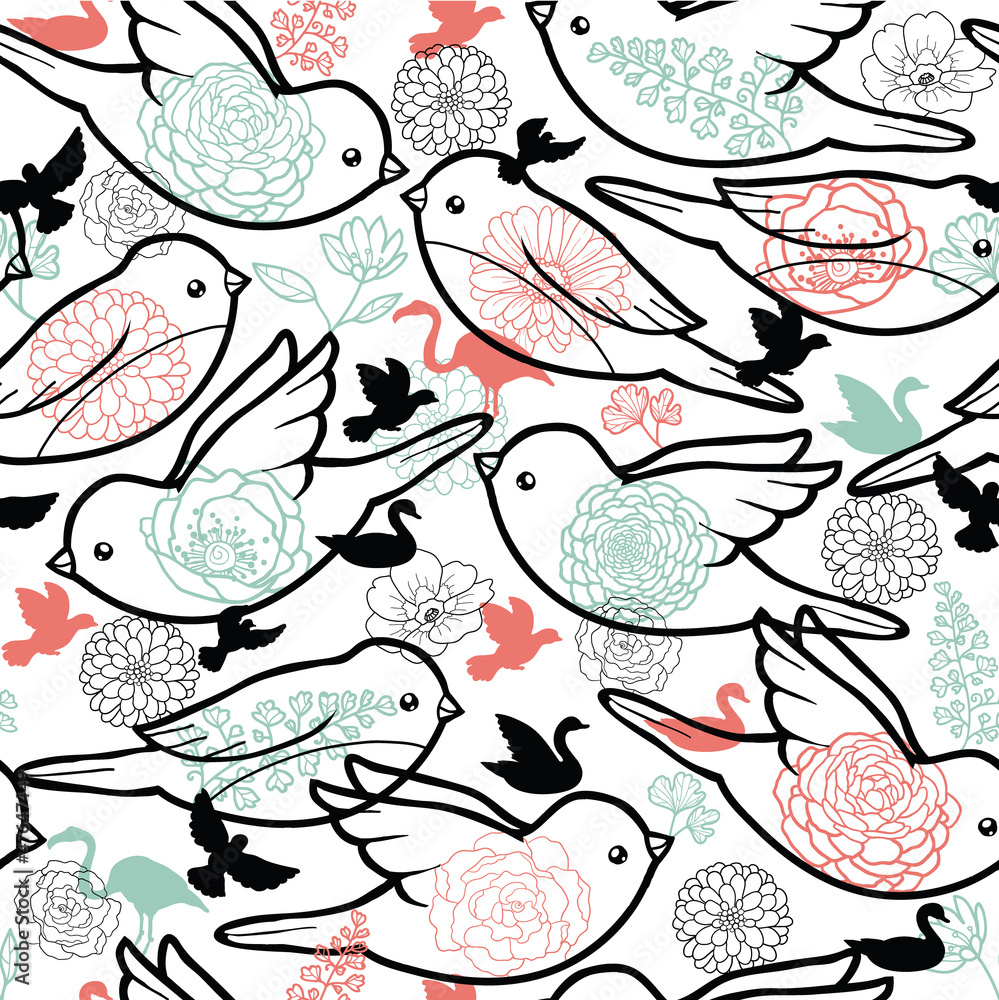 Vector birds silhouettes seamless pattern background with hand