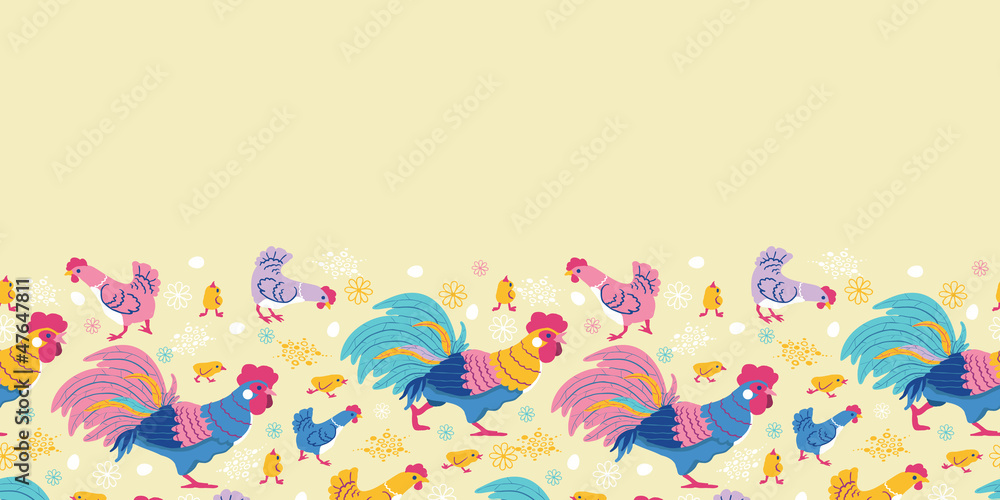 Vector fun chickens horizontal seamless pattern background
