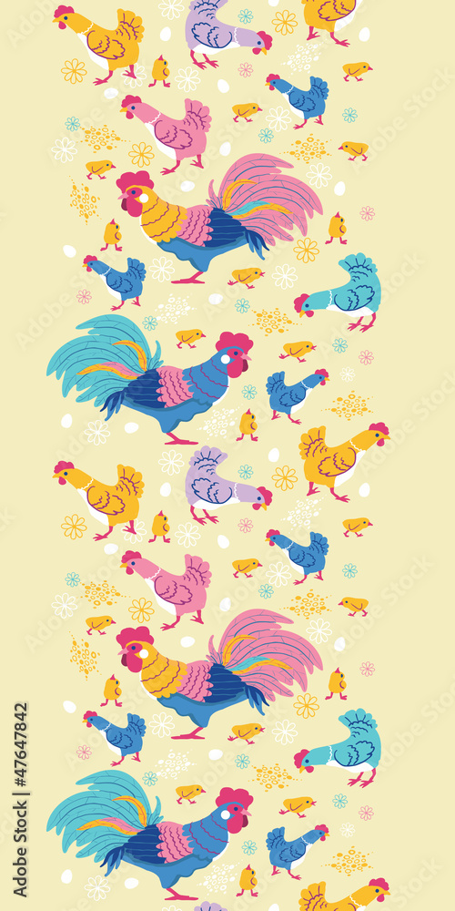 Fototapeta premium Vector fun chickens vertical seamless pattern background