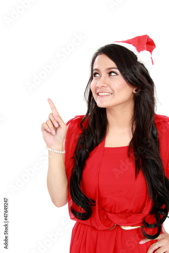 attractive woman in red pointing up