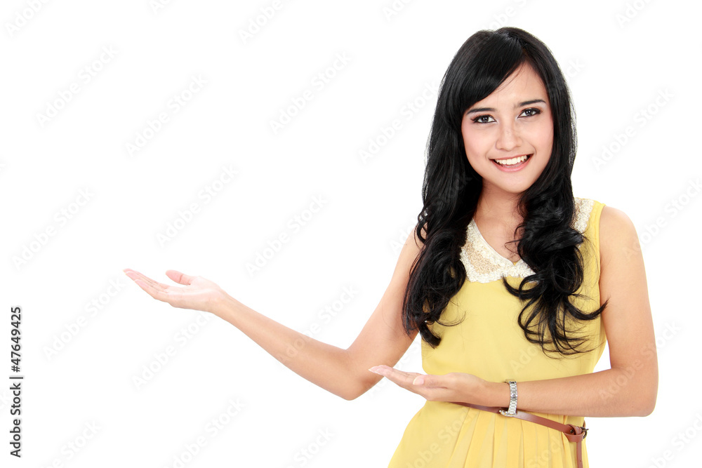 happy woman with showing blank space happy woman with showing blank space