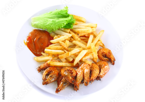 Deep-fried potatoes with fry shrimps. Isolated