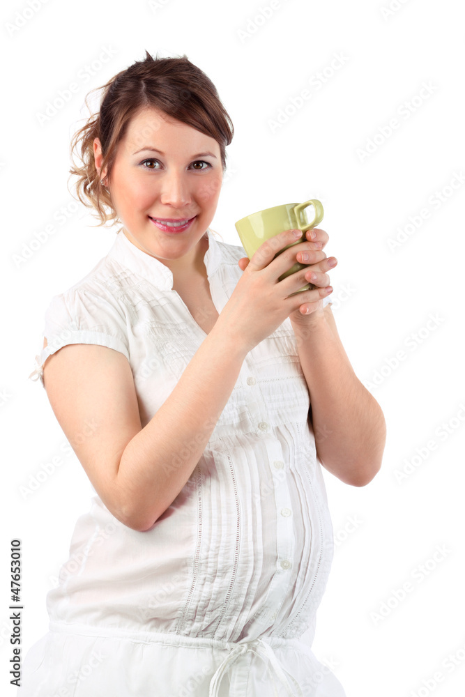 Pregnant woman in white holds cup isolated on white background. Pregnant woman in white holds cup isolated on white background.