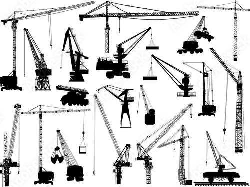 twenty building cranes on white