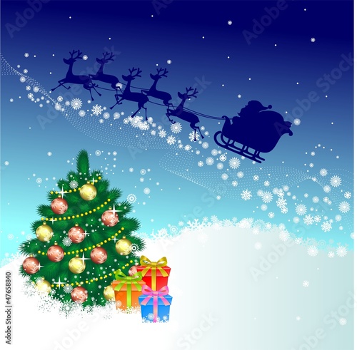 Силуэт Санта Клауса на санях на фоне неба