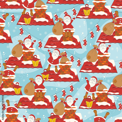 Christmas seamless pattern with Santa on roof of house. Vector