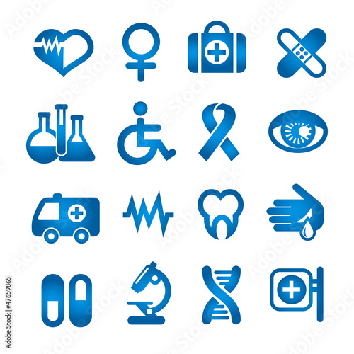Medical icons set, blue color, isolated on white, vector