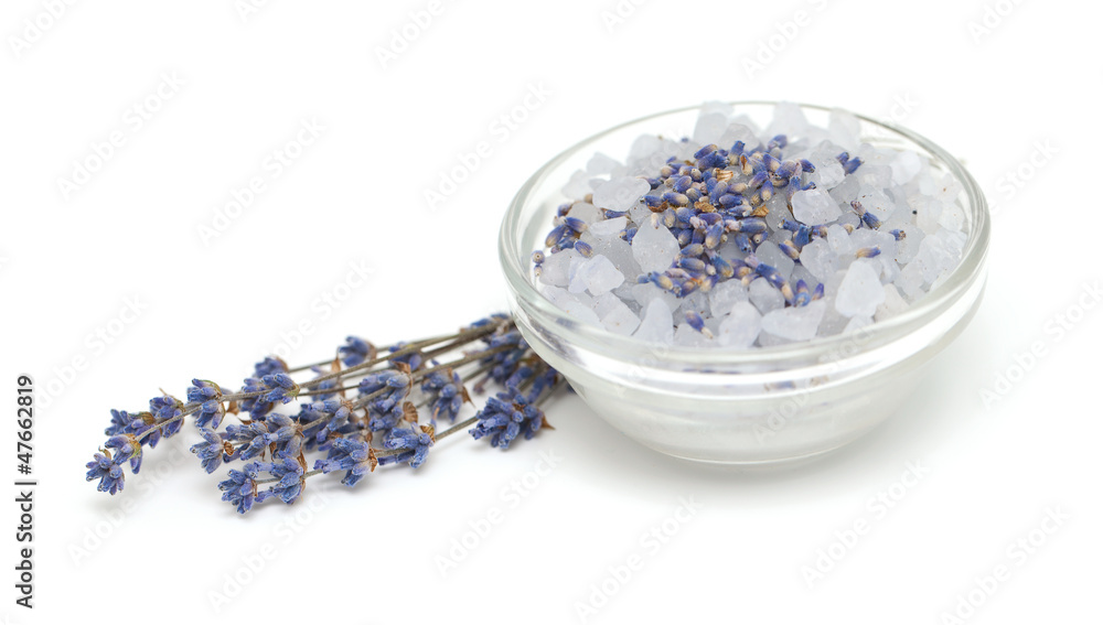 lavender bath salt in a glass bowl isolated on white background lavender bath salt in a glass bowl isolated on white background