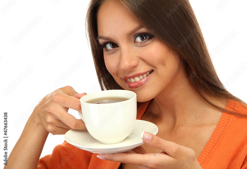 beautiful young woman with cup of coffee, isolated on white beautiful young woman with cup of coffee, isolated on white