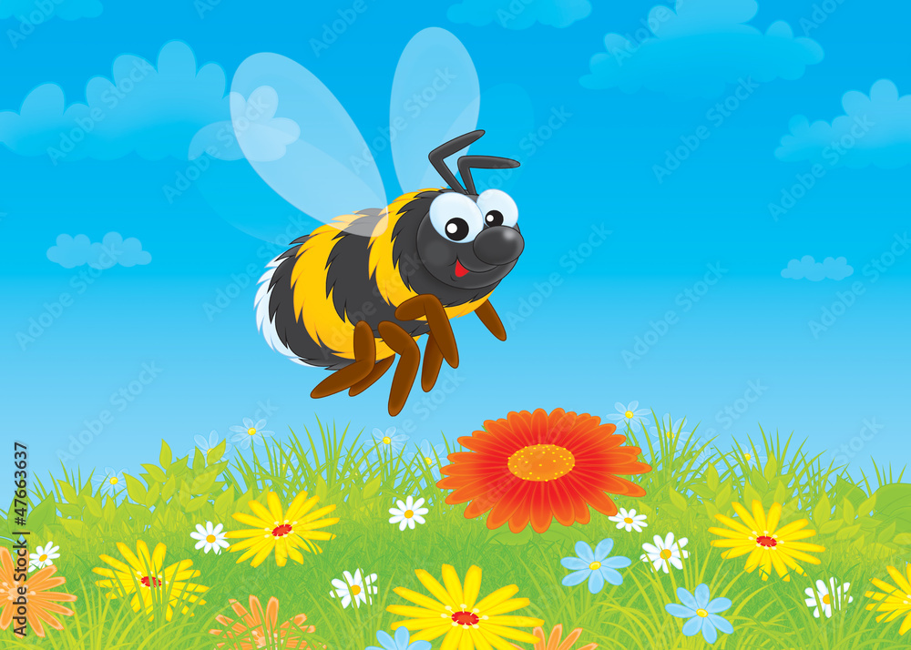 Bumble bee flying over a meadow with wildflowers Bumble bee flying over a meadow with wildflowers