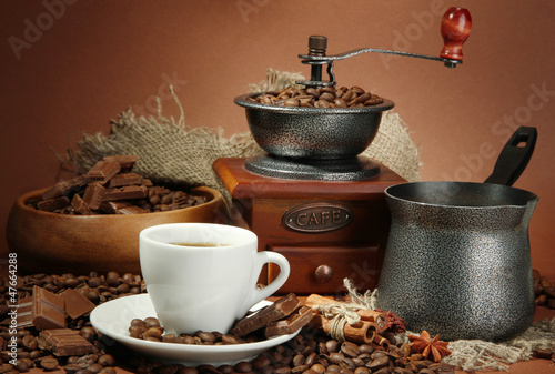 cup of coffee  grinder  turk and coffee beans