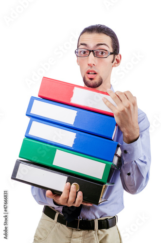 Businessman with lots of folders isolated on white