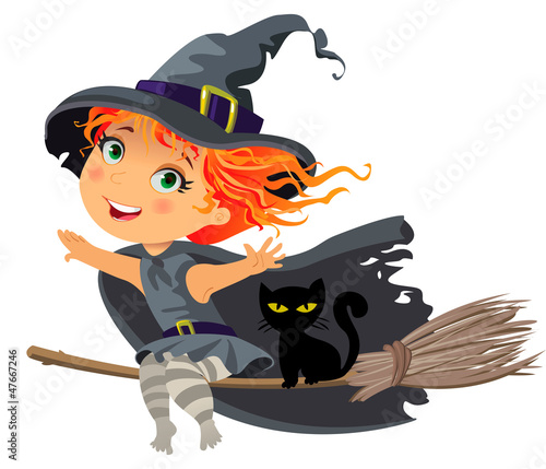 Happy Halloween, Little witch flying on a broom, vector