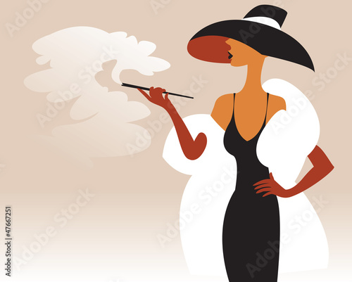 Woman in a fur coat and hat with a cigarette in his hand