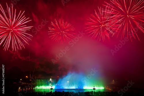 Fireworks over the Multimedia Fountain, Wroclaw, Poland