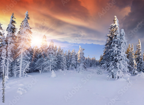 Beautiful winter sunrise in the mountains. Dramatic red  sky