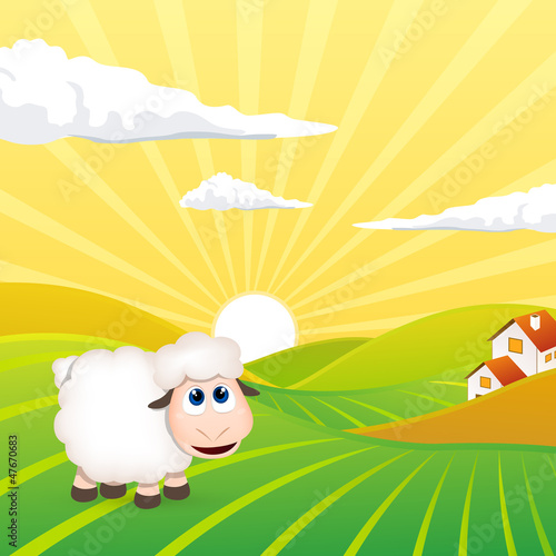 Vector of an Evening Landscape with a Sheep