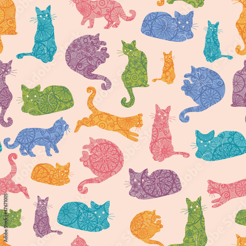 Vector colorful cats silhouettes seamless pattern background